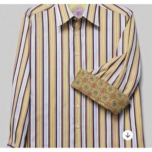 Robert Graham Mens Button Up Shirt Sz M Striped Flip Cuff Silk Trim Cotton